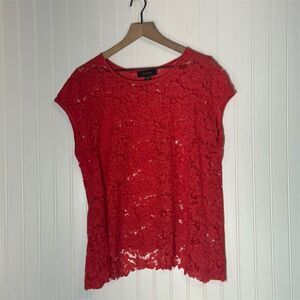 Karen Kane Red Lace Floral Overlay Top XL Cap Sleeve Sheer Stretch Lined USA